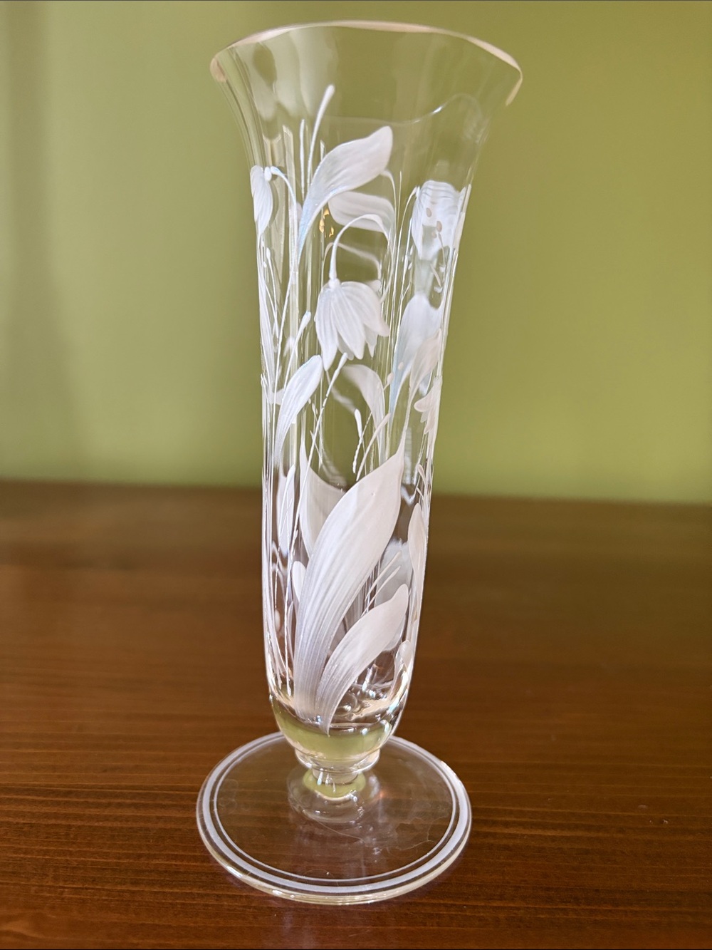 Etched Clear Glass Bud Vase with White Floral Design